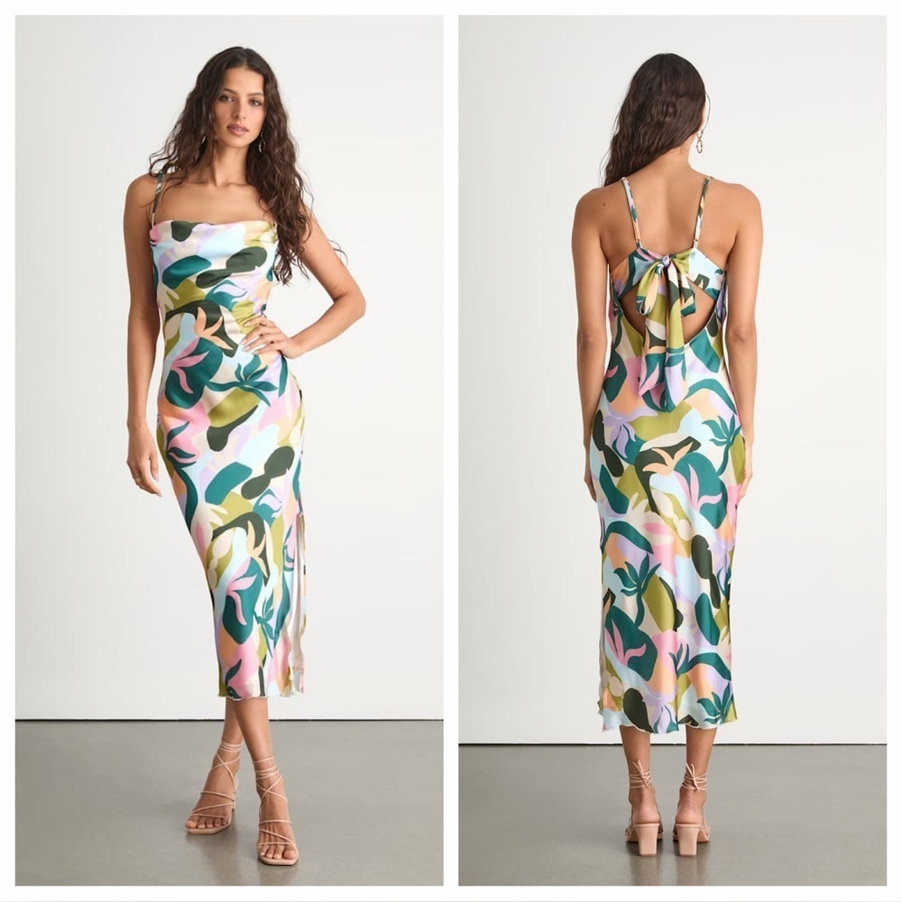 Lulus Midiana Multi Abstract Floral Tie-Back Midi Dress